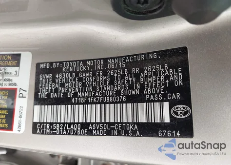 2015 Toyota Camry Xle из США, поврежденный, VIN 4T1BF1FK7FU980376